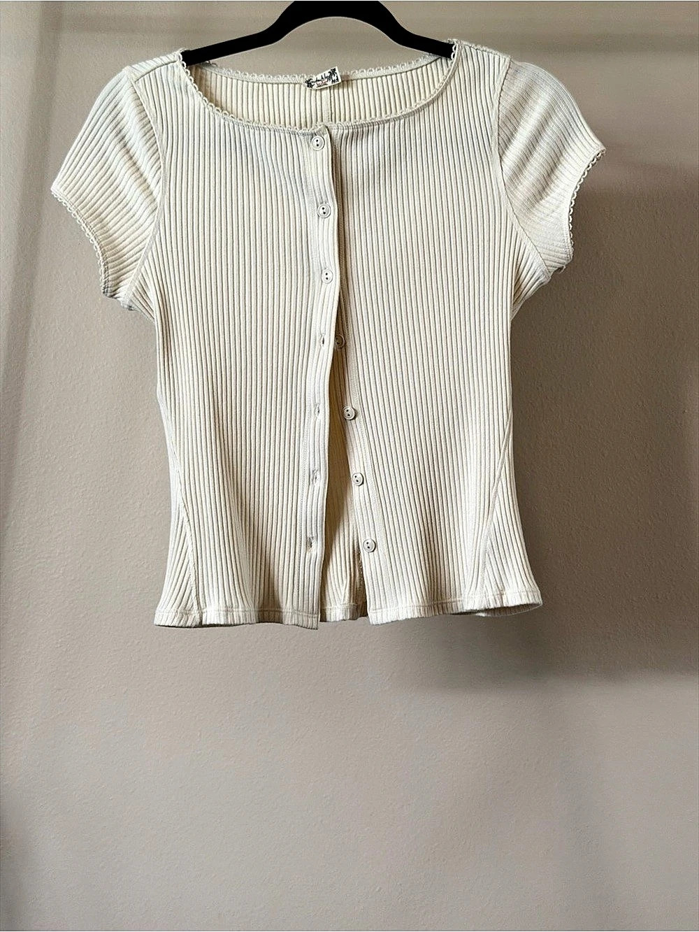 Free People Ribbed Short Sleeve Button Front Top in White